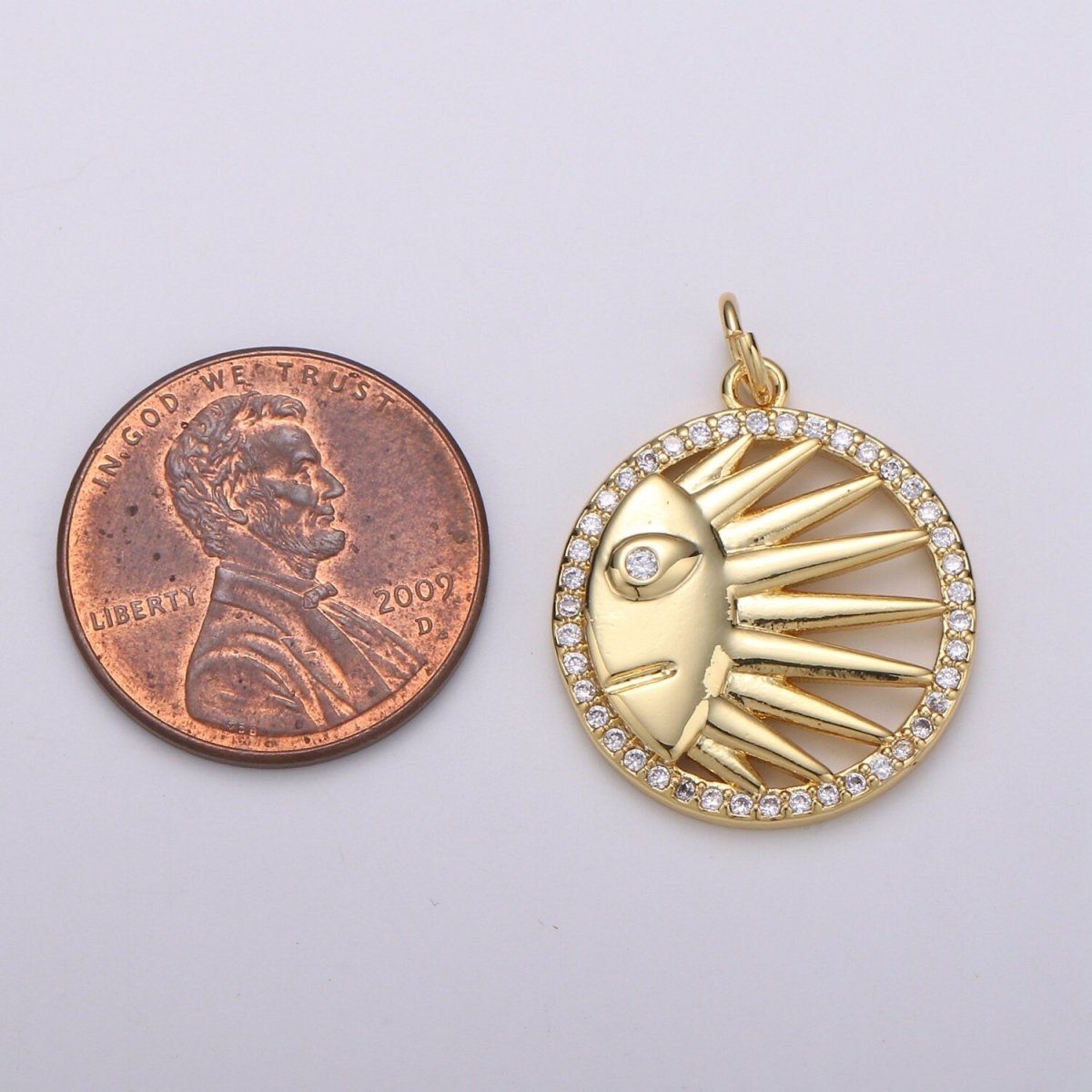 Solar Coin CZ Charms Sun Celestial Cubic Pave Coin Pendant 24K Gold CZ Drop Charm Pendant, Celestial Jewelry - DLUXCA