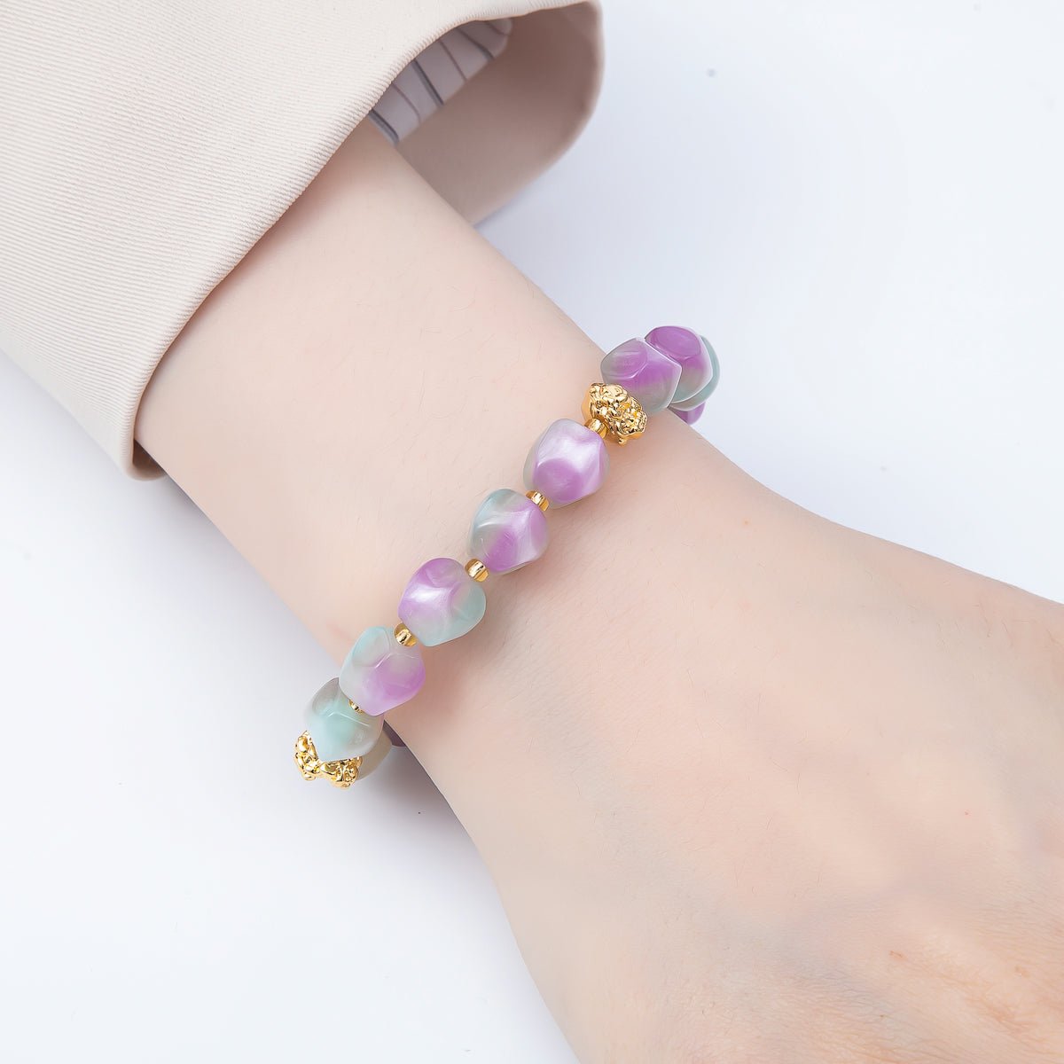 Stainless Steel 10mm Geometric Resin Bead 7 Inch Stretch Bracelet | WA-04516 ~ WA-04522 - DLUXCA