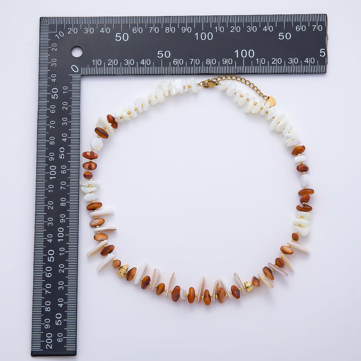 Stainless Steel 10mm Red Citrine White Shell Pearl Biwa Pebble Gemstone Chain 15.5 Inch Necklace | WA-04725 - DLUXCA