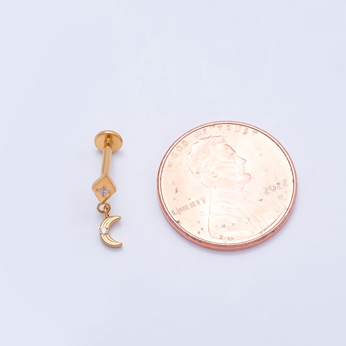 Stainless Steel 14mm CZ Crescent Moon Rhombus Drop Single Cartilage Piercing Flat Back Stud in Gold & Silver | Findings-00242 Findings-00243 - DLUXCA