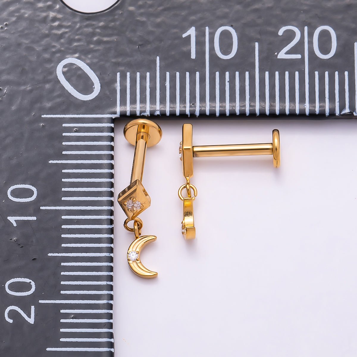 Stainless Steel 14mm CZ Crescent Moon Rhombus Drop Single Cartilage Piercing Flat Back Stud in Gold & Silver | Findings-00242 Findings-00243 - DLUXCA