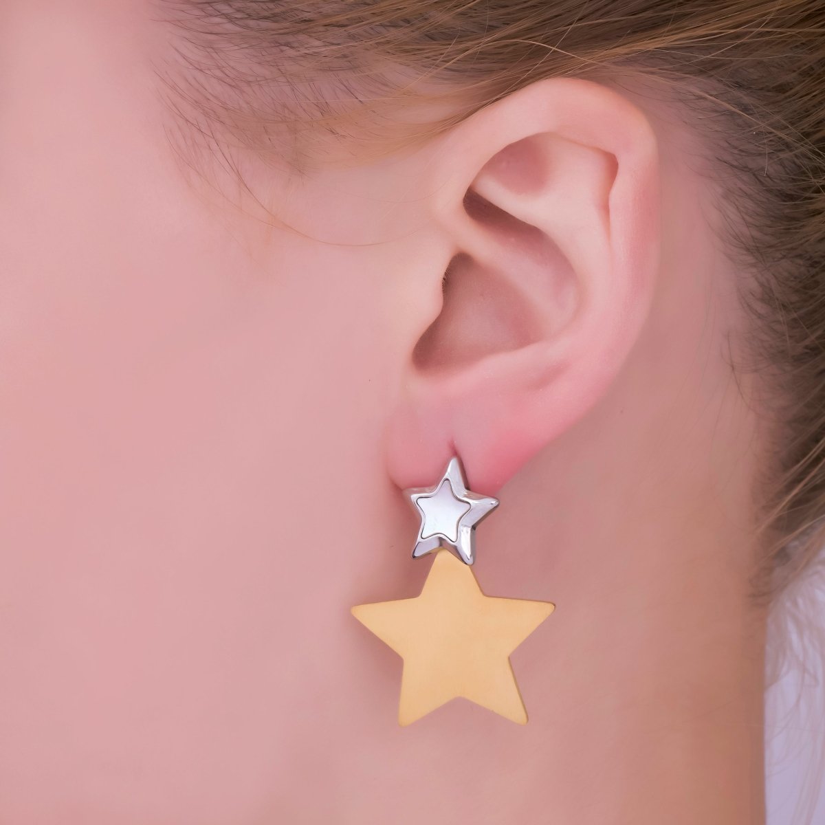 Stainless Steel 14mm Mixed Metal Celestial Star Drop Stud Earrings | AJ021 - DLUXCA