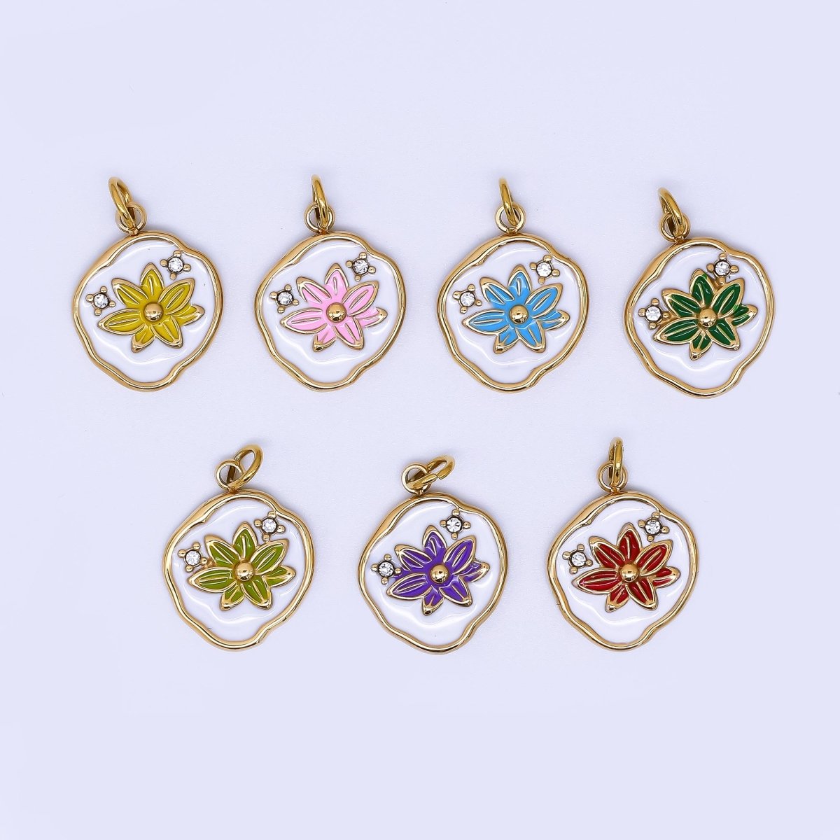 Stainless Steel 15mm Micro Paved CZ Enamel Blossom Delicate Bloom Flower Charm | J - 359 J - 365 J - 395 J - 462 - DLUXCA