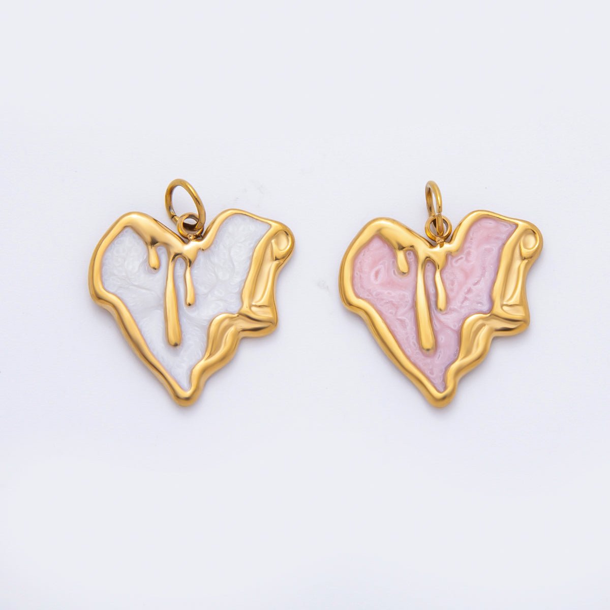 Stainless Steel 21.5mm Pink, White Enamel Molten Drip Heart Charm | C319 - DLUXCA