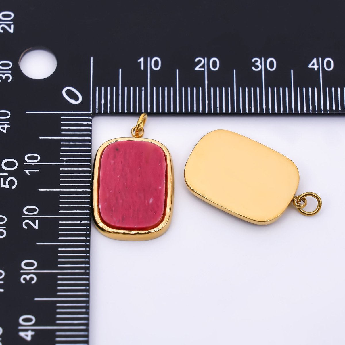 Stainless Steel 21mm Crystal Quartz Curvy Rectangular Charm in Fuchsia & Green | J - 354 - DLUXCA