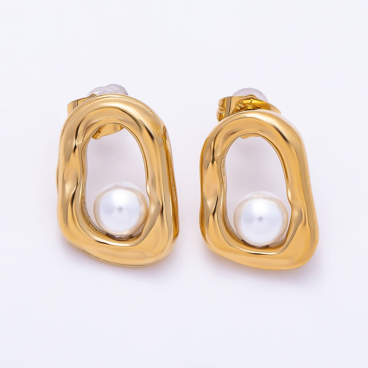 Stainless Steel 22mm Shell Pearl Open Molten Geometric Oblong Stud | Earrings-00738 - DLUXCA