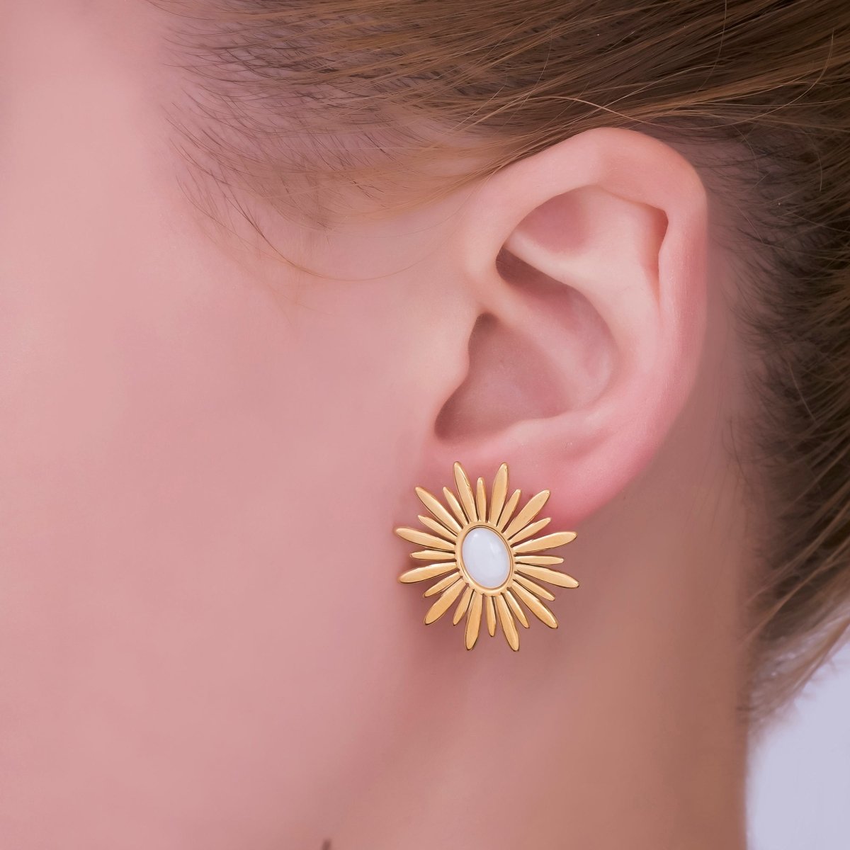 Stainless Steel 24.5mm White Flower Stud Earrings in Gold & Silver | AI531 AJ008 - DLUXCA