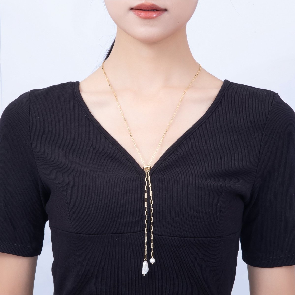 Stainless Steel 2.5mm Double Freshwater Pearl Drop Paperclip Lariat Bolo Chain 16 Inch Necklace | WA-00179 - DLUXCA