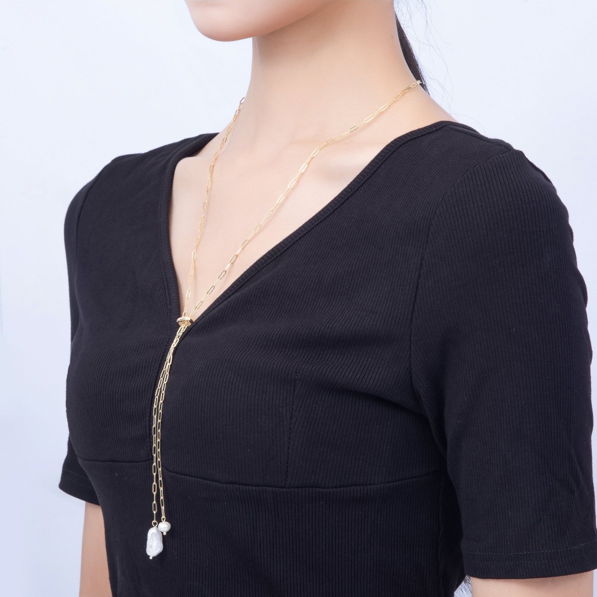 Stainless Steel 2.5mm Double Freshwater Pearl Drop Paperclip Lariat Bolo Chain 16 Inch Necklace | WA-00179 - DLUXCA