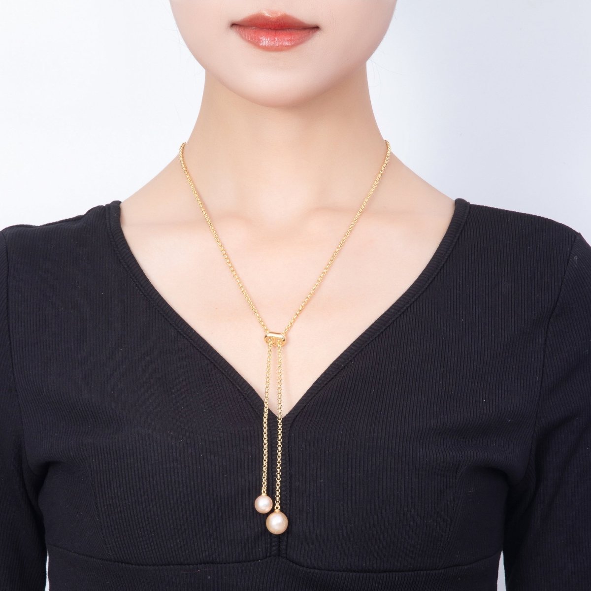 Stainless Steel 2.5mm Pink Shell Pearl Drop Lariat Rolo Chain 13.3 Inch Necklace | WA-00304 - DLUXCA