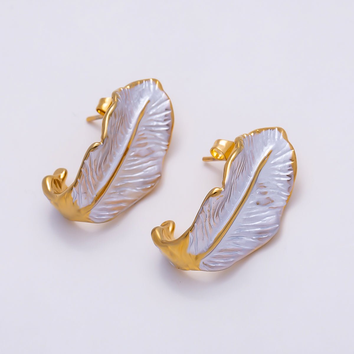 Stainless Steel 25mm White Feather Leaf Enamel J-Shaped Hoop | Earrings-00712 - DLUXCA