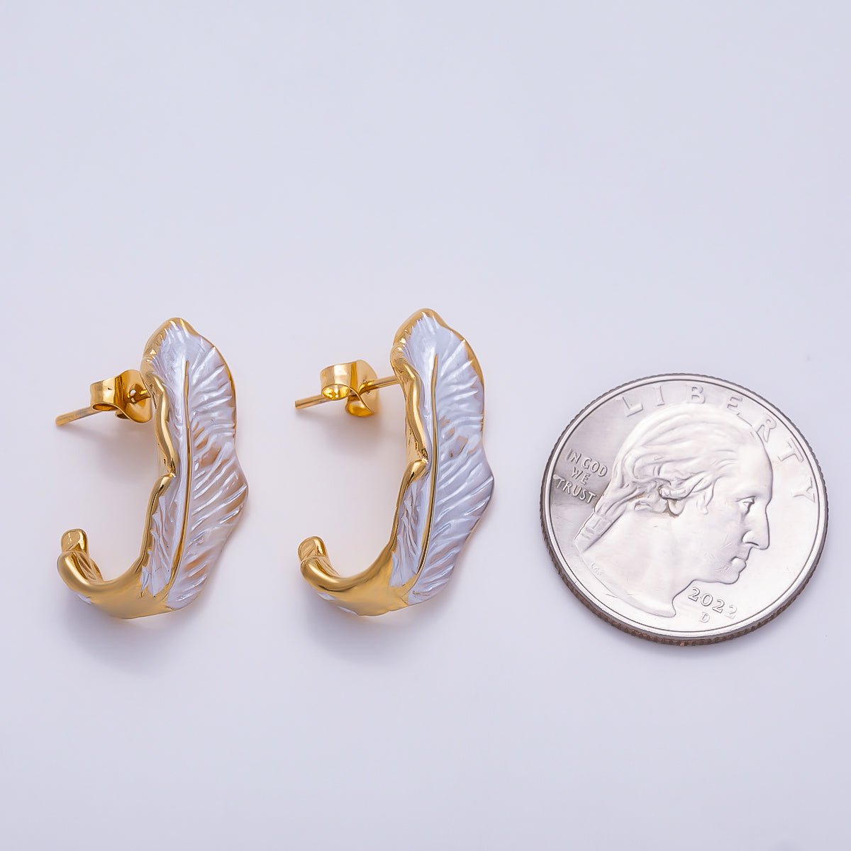 Stainless Steel 25mm White Feather Leaf Enamel J-Shaped Hoop | Earrings-00712 - DLUXCA