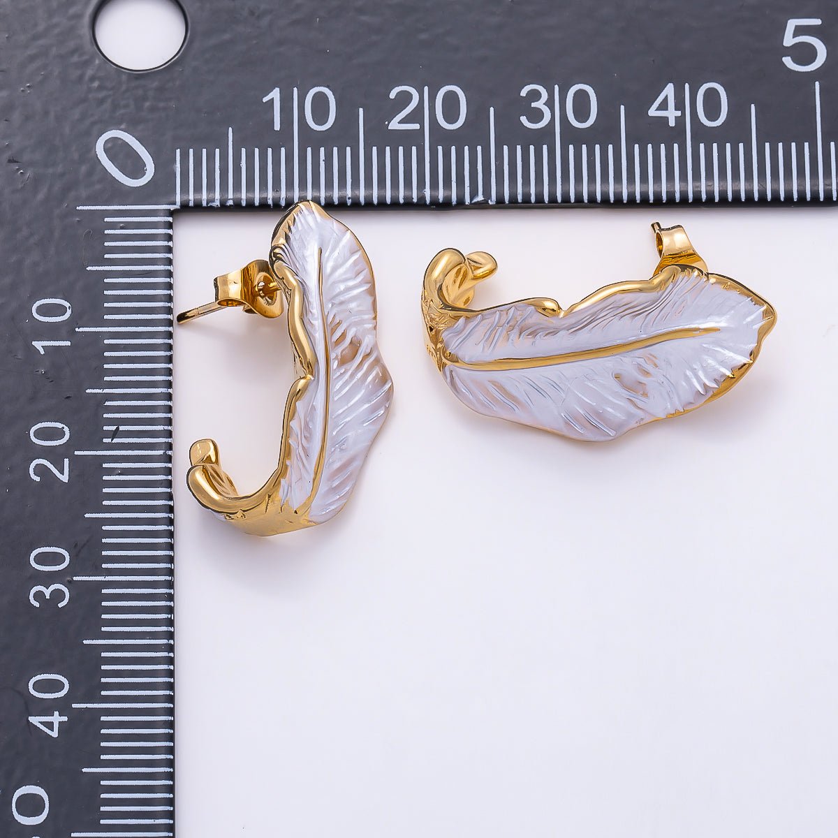 Stainless Steel 25mm White Feather Leaf Enamel J-Shaped Hoop | Earrings-00712 - DLUXCA