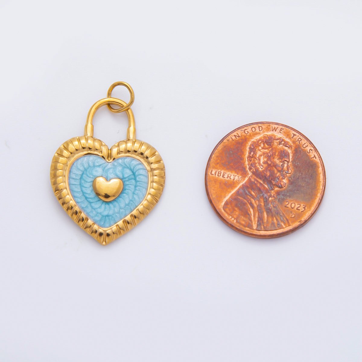Stainless Steel 27mm Pink, Blue Enamel Ribbed Heart Padlock Charm | C316 - DLUXCA