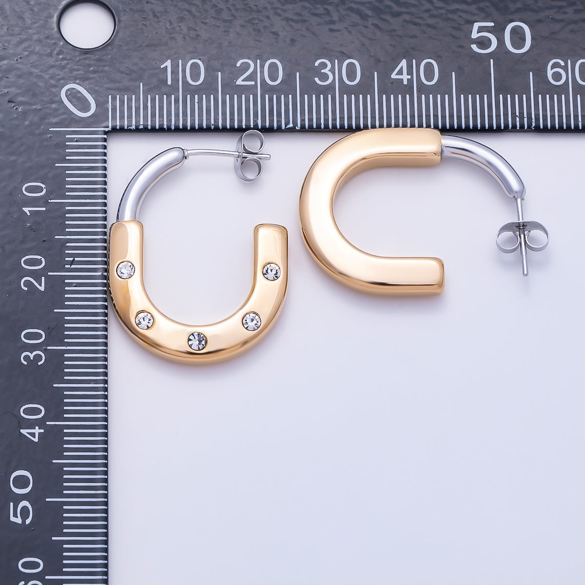 Stainless Steel 29mm Clear CZ Dotted Mixed Metal J-Shaped Hoop | Earrings-00714 - DLUXCA