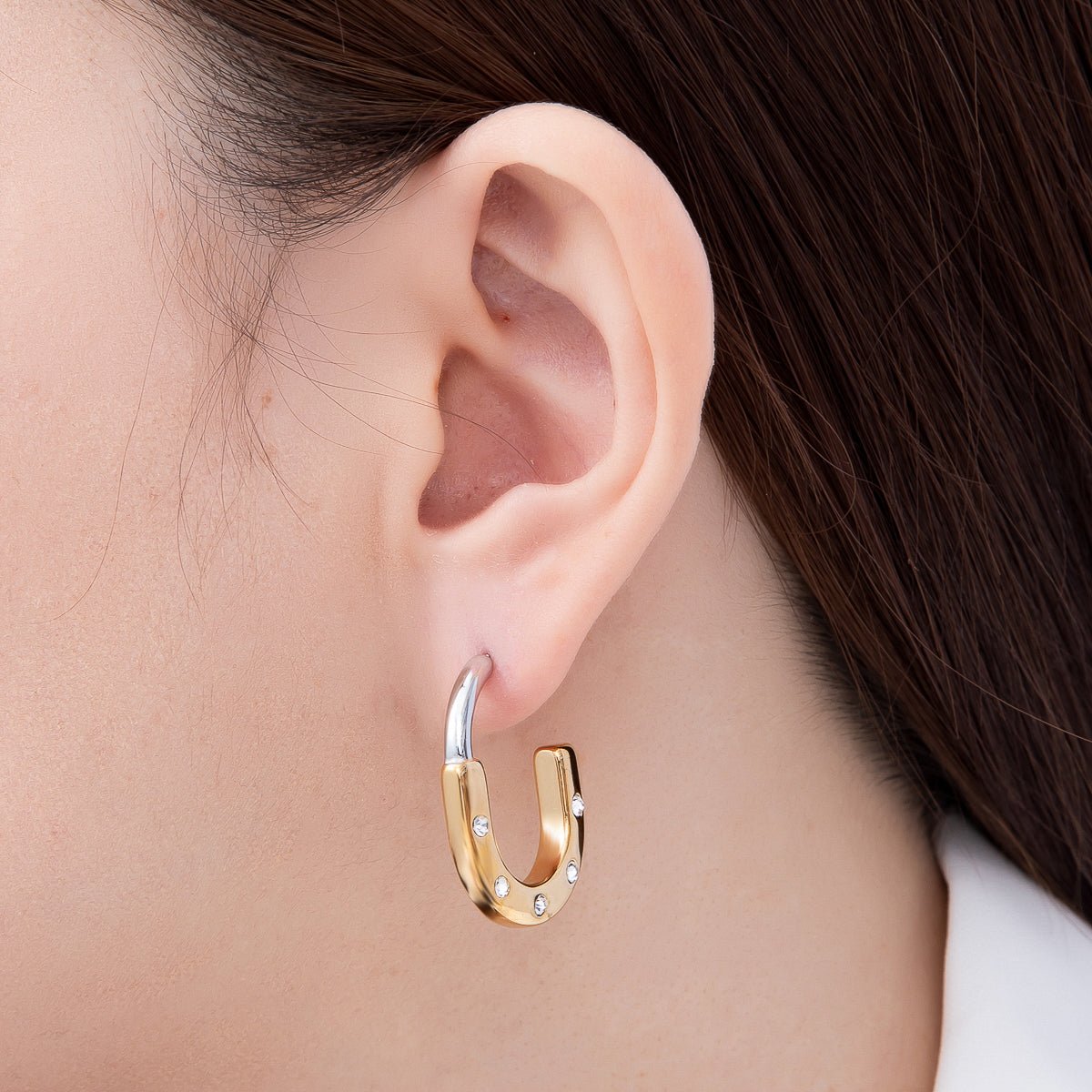 Stainless Steel 29mm Clear CZ Dotted Mixed Metal J-Shaped Hoop | Earrings-00714 - DLUXCA
