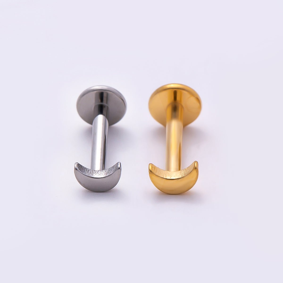 Stainless Steel 2mm Minimalist Crescent Moon Single Cartilage Piercing Flat Back Stud in Gold & Silver | Findings-00230 Findings-00231 - DLUXCA