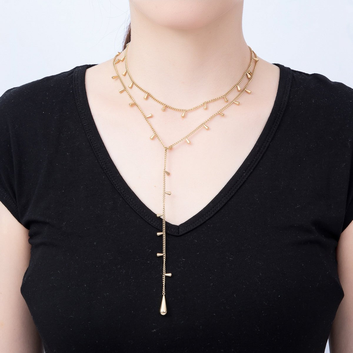 Stainless Steel 2mm Minimalist Teardrop Double Curb Lariat Chain Necklace | WA-00944 - DLUXCA