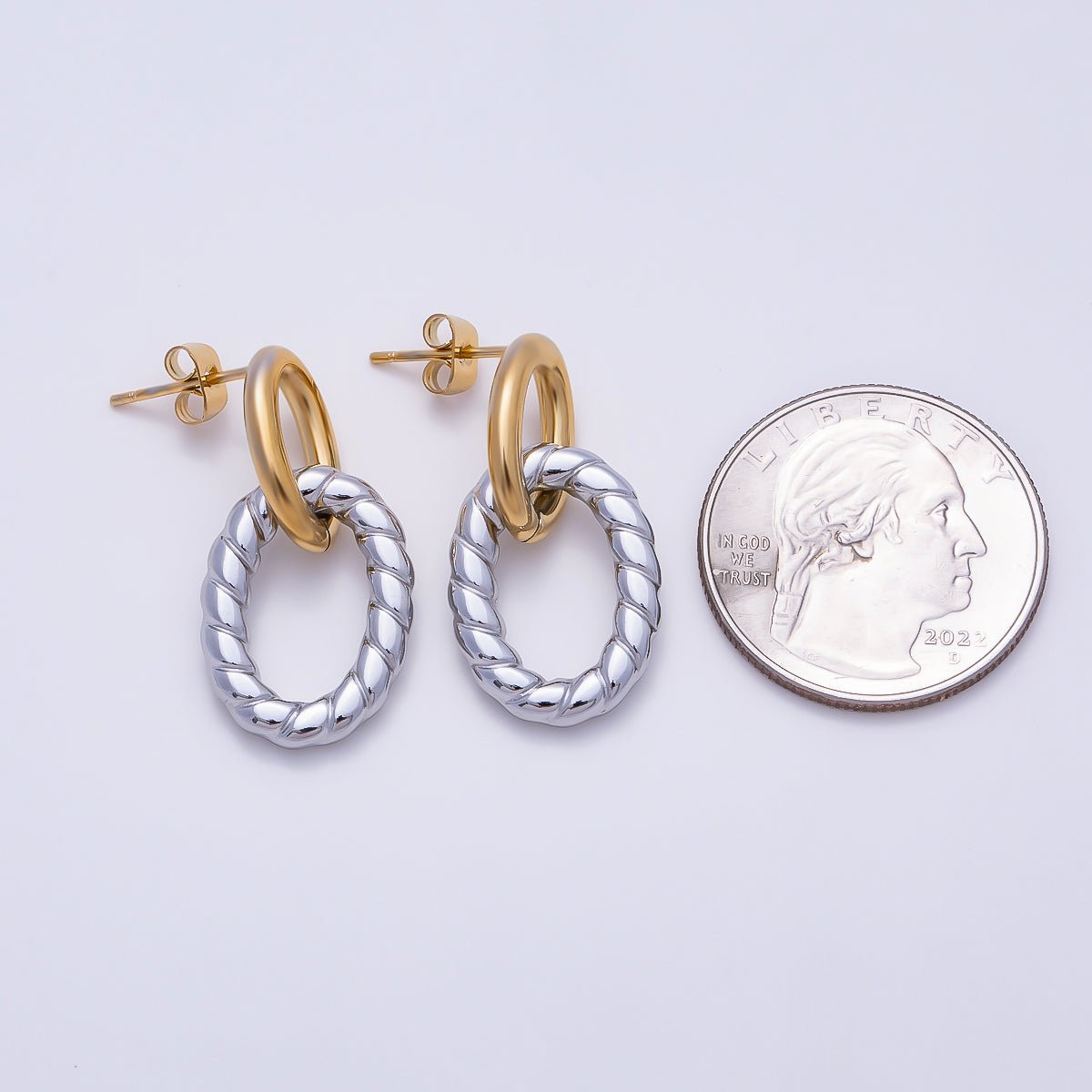 Stainless Steel 30mm Ribbed Lined Double Oval Link Drop Stud Earrings | Earrings-00713 - DLUXCA