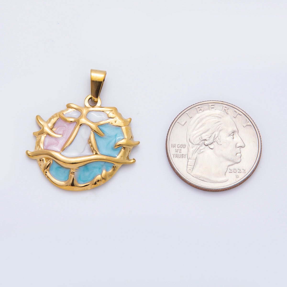 Stainless Steel 32mm Blue White Pink Enamel Art Under the Sea Coral Pendant | P - 822 - DLUXCA