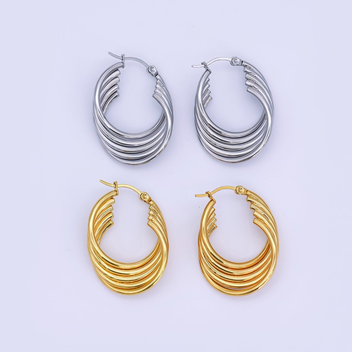 Stainless Steel 33.5mm Circular Band Latch Hoop Earrings in Gold & Silver | AJ010 AJ011 - DLUXCA