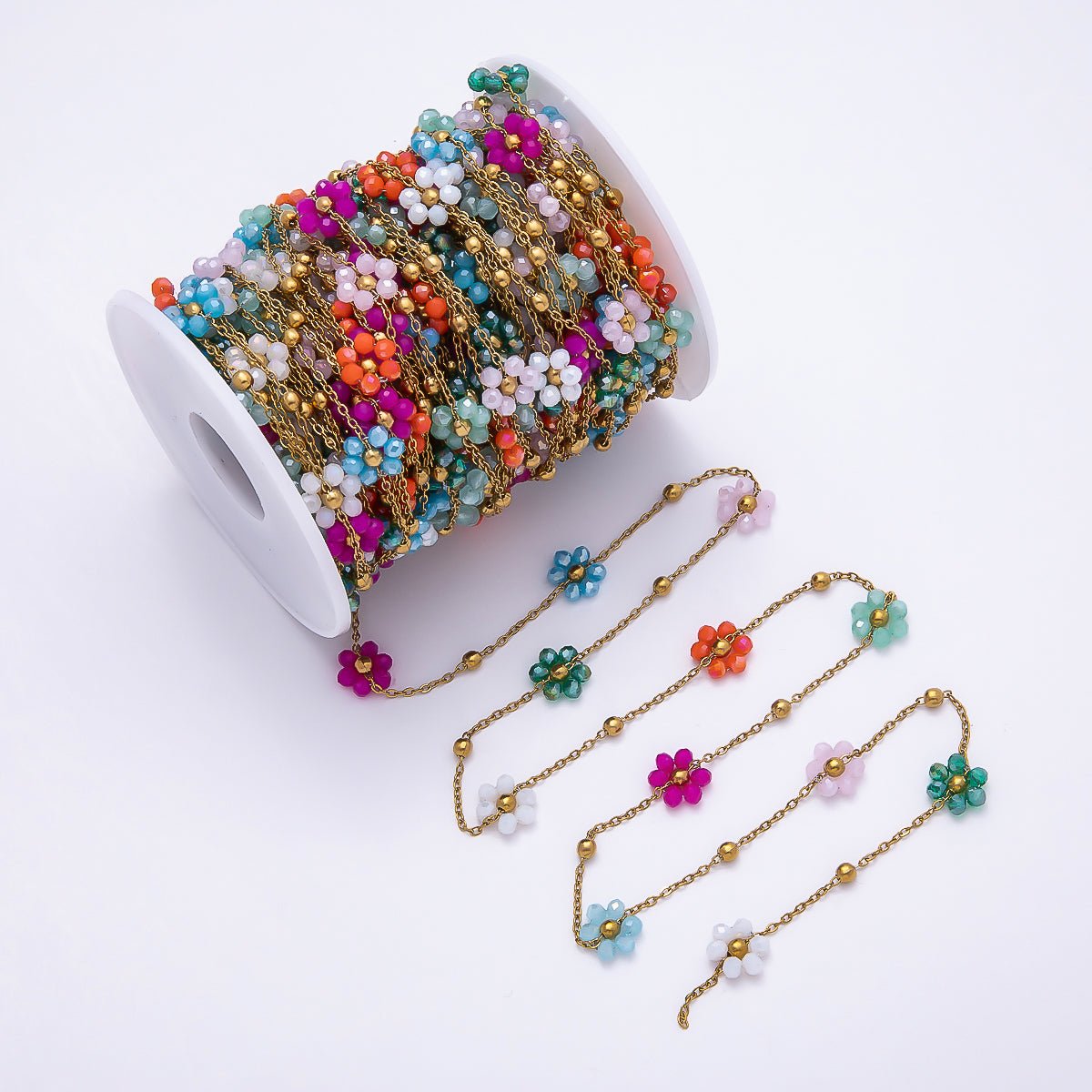 Stainless Steel 3.3mm 10mm Multicolor Multifaceted Crystal Flower Satellite Unfinished Chain by Yard | Roll - 01875 - DLUXCA