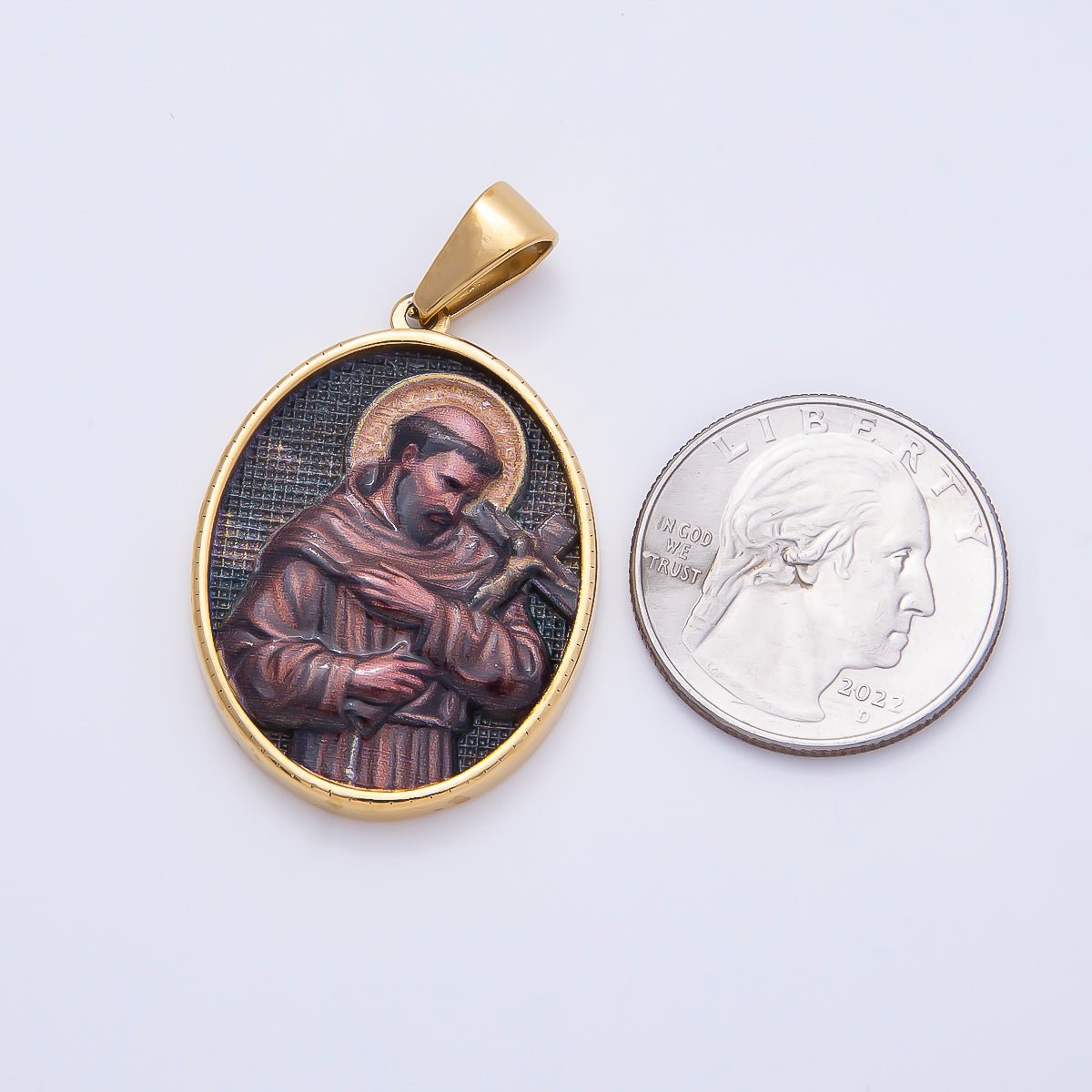 Stainless Steel 35mm Religious Saint Crucifix Cross Oval Pendant | Charms-01168 - DLUXCA