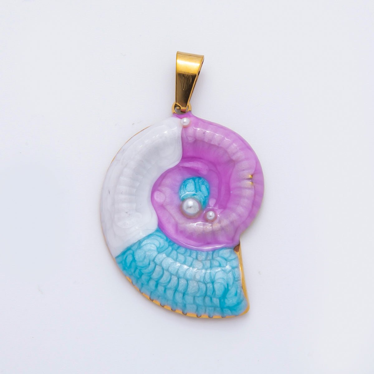Stainless Steel 40mm Blue & Purple Enamel Art Nautical Ammonite Shell Pendant | P - 836 - DLUXCA