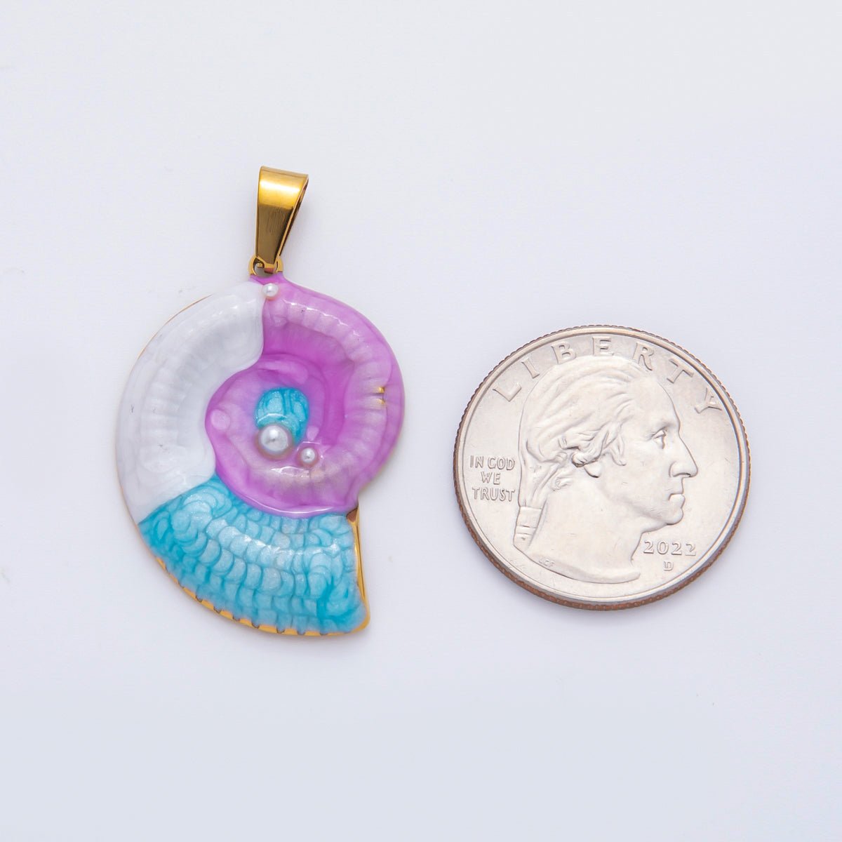 Stainless Steel 40mm Blue & Purple Enamel Art Nautical Ammonite Shell Pendant | P - 836 - DLUXCA