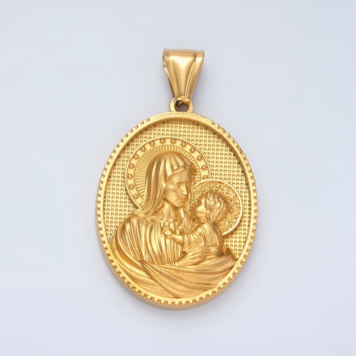 Stainless Steel 40mm Religious Portrait Mary Baby Jesus Oval Pendant | P1474 - DLUXCA