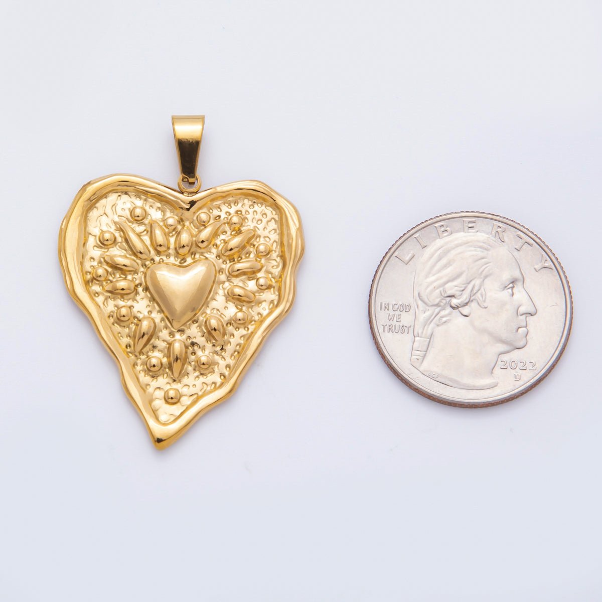 Stainless Steel 41.5mm Sunburst Textured Molten Heart Pendant | P - 795 - DLUXCA