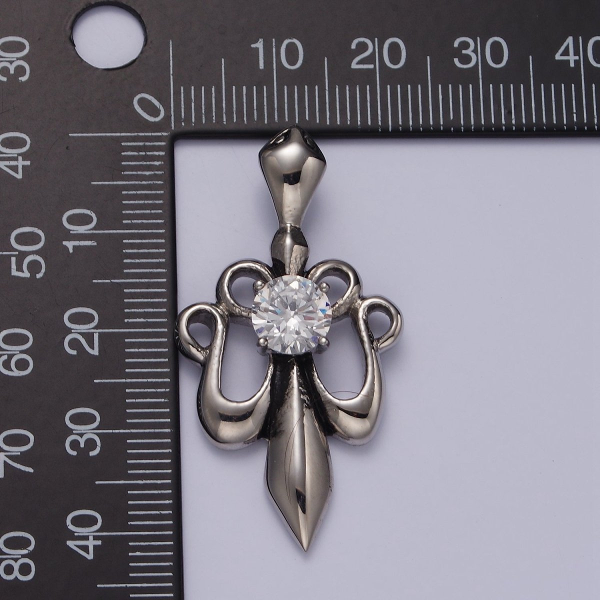 Stainless Steel 42mm Clear CZ French Fleur De Lis Ribbon Pendant | P - 811 - DLUXCA