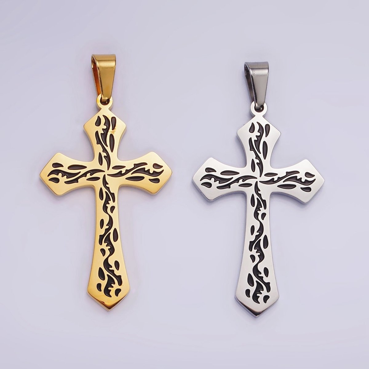 Stainless Steel 44mm Black Artisan Wave Holy Spirit Baptism Fire Passion Cross Pendant in Gold & Silver | P - 850 P - 851 - DLUXCA