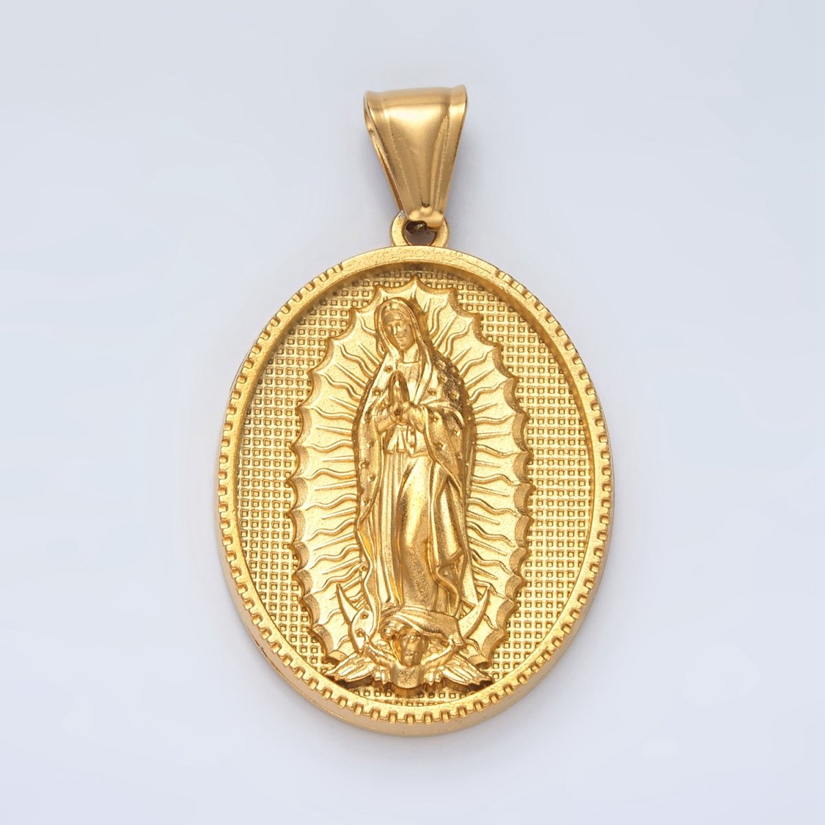 Stainless Steel 44mm Miraculous Lady Guadalupe Mary Textured Oval Pendant | P1471 - DLUXCA