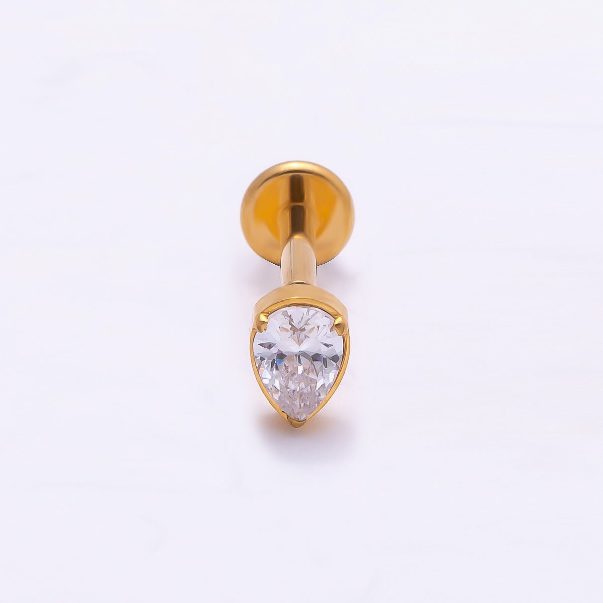Stainless Steel 4.5mm Clear CZ Teardrop Single Cartilage Piercing Flat Back Stud in Gold & Silver | Findings-00186 Findings-00187 - DLUXCA