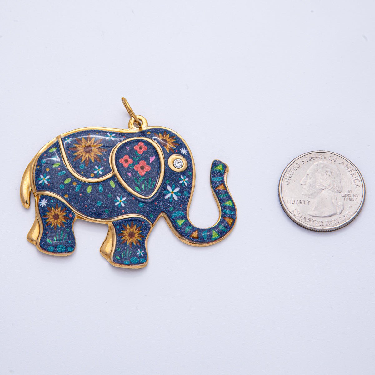 Stainless Steel 46mm Blue Flower Enamel CZ Elephant Statement Charm | J898 - DLUXCA
