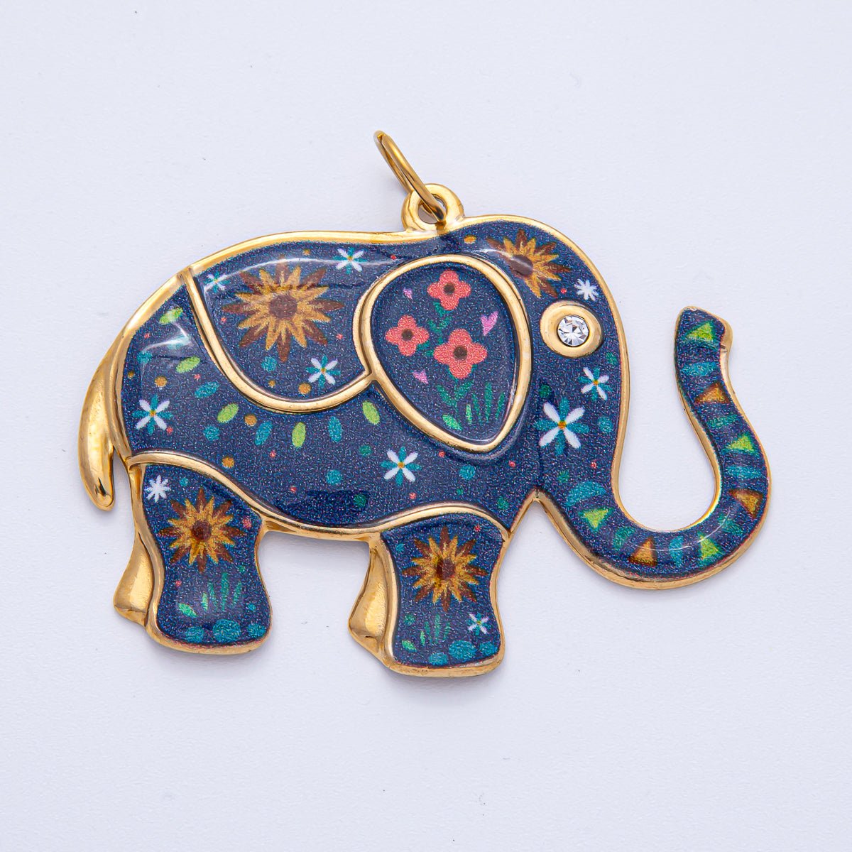 Stainless Steel 46mm Blue Flower Enamel CZ Elephant Statement Charm | J898 - DLUXCA