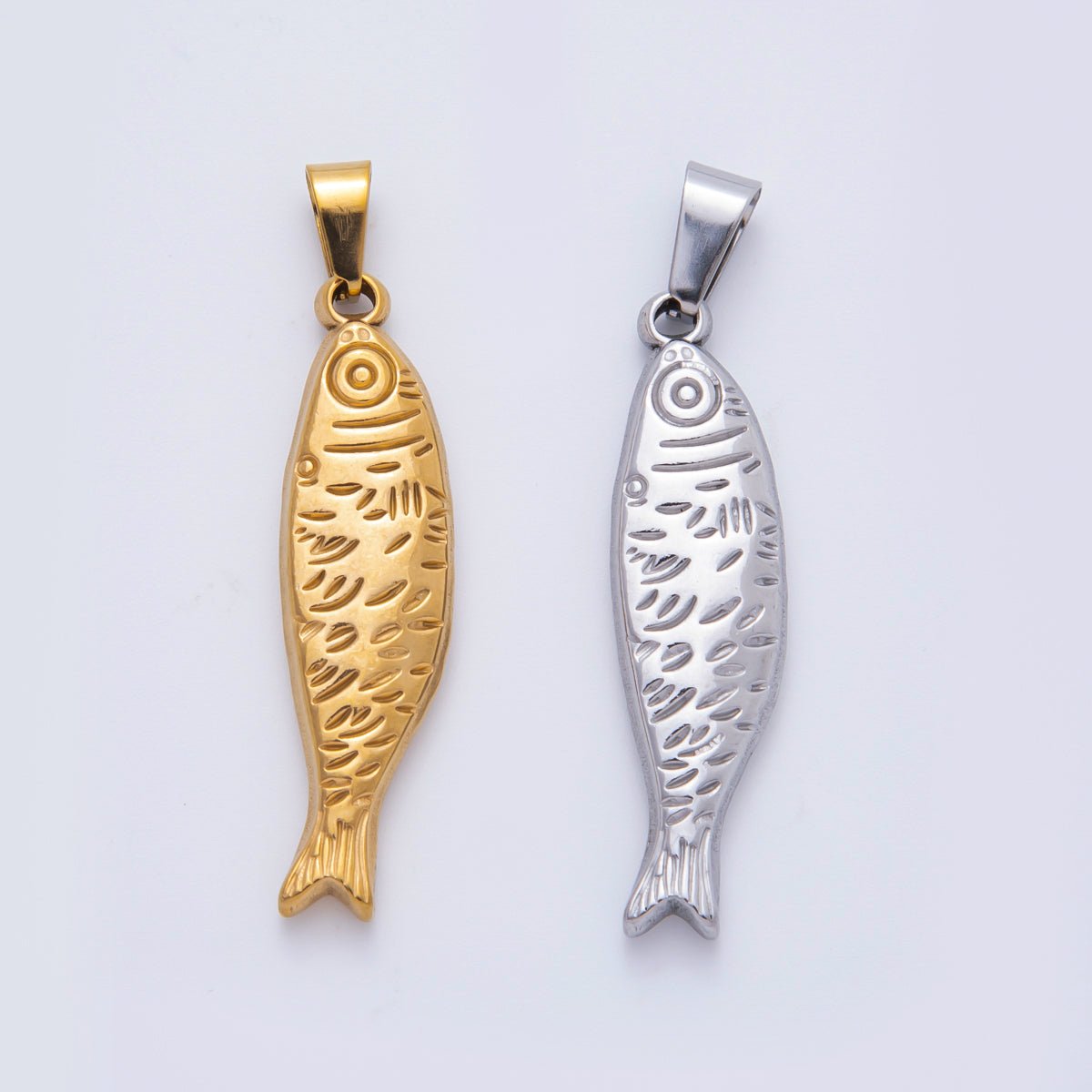Stainless Steel 47mm Lined Sardine Fish Animal Pendant in Gold & Silver | P - 802 - DLUXCA