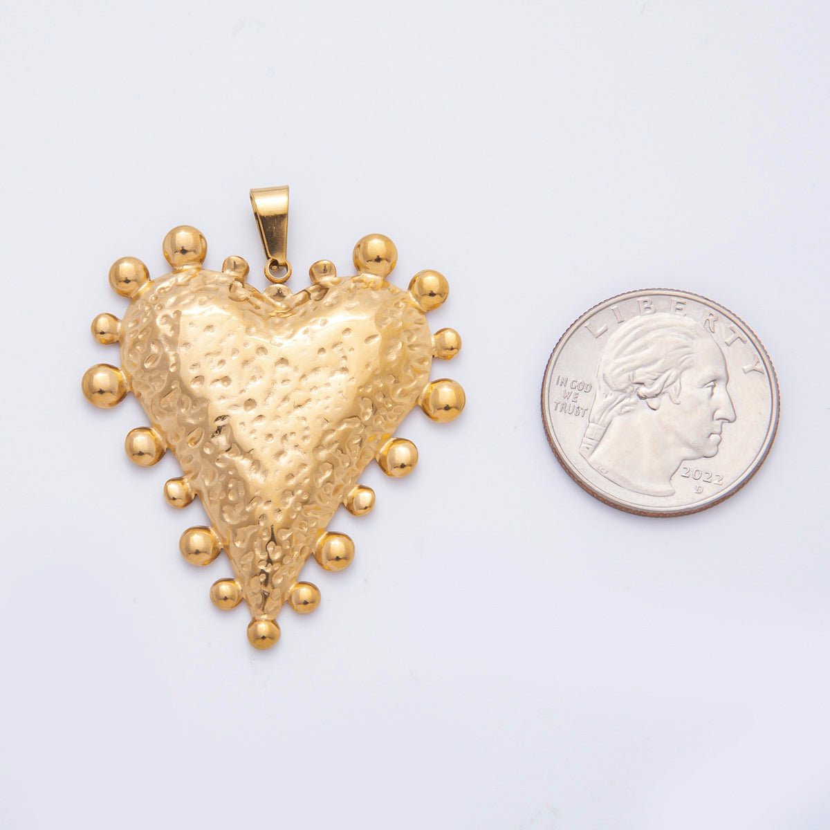 Stainless Steel 49mm Chunky Hammered Heart Beaded Pendant | P - 794 - DLUXCA
