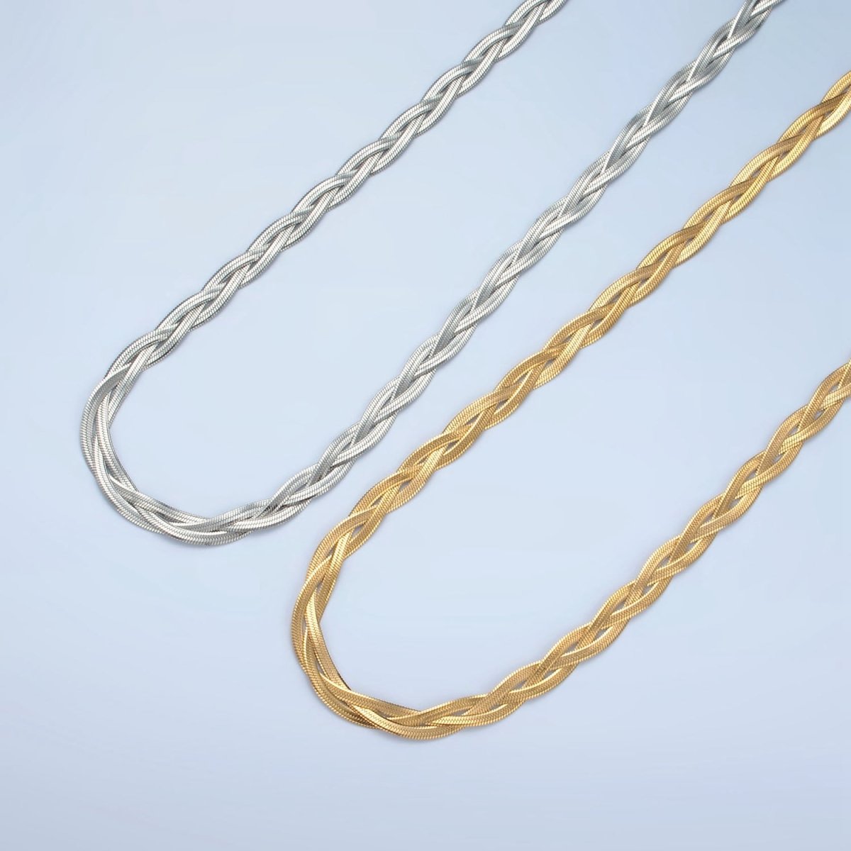 Stainless Steel 4mm Braided Herringbone Chains 17.9 Inch Necklace with Extender, Gold or Silver Tone | WA - 2616, WA - 2617 - DLUXCA