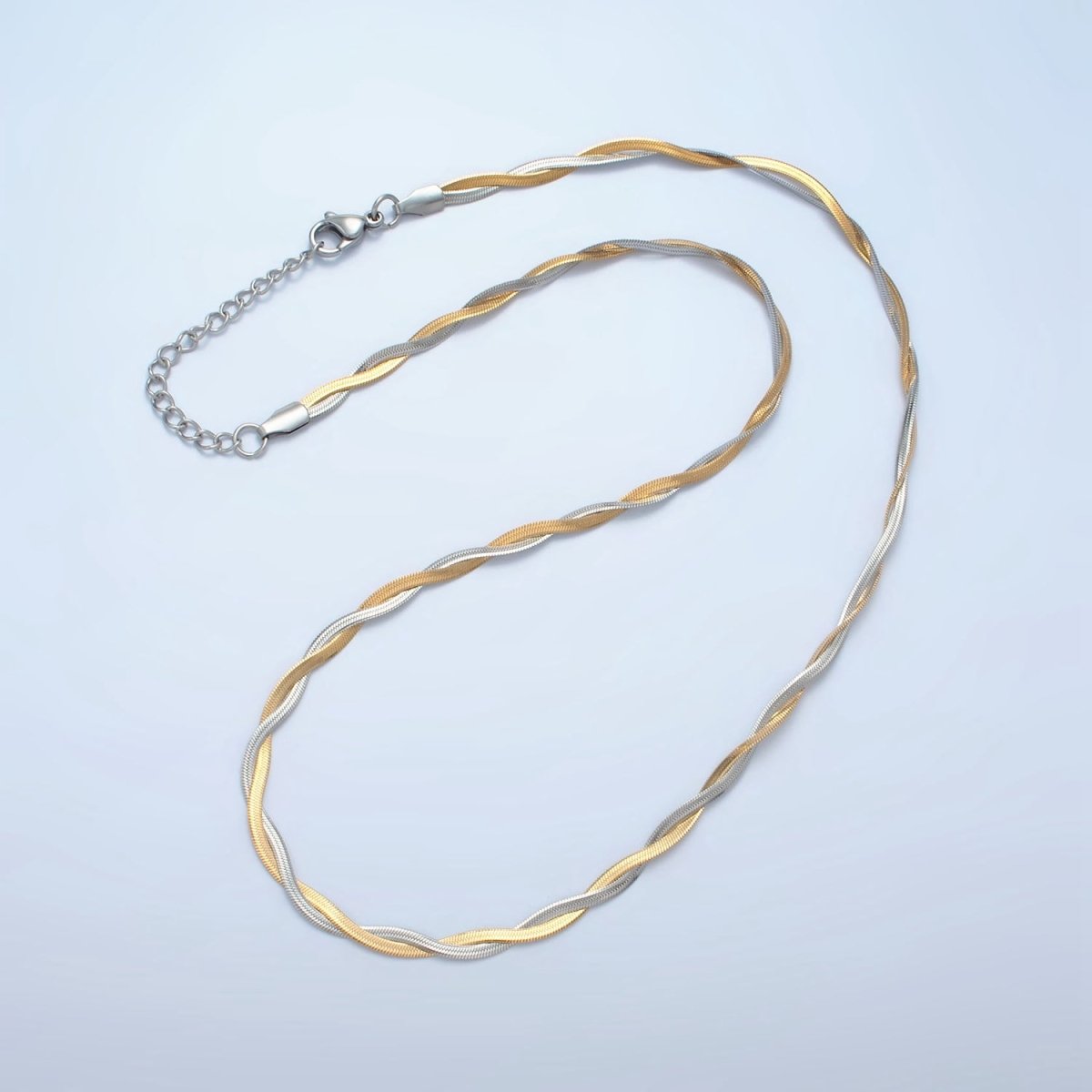 Stainless Steel 4mm Intertwining Herringbone Chains 17.9 Inch Necklace, Gold Mixed Metal or Silver Tone | WA - 2614, WA - 2615 - DLUXCA