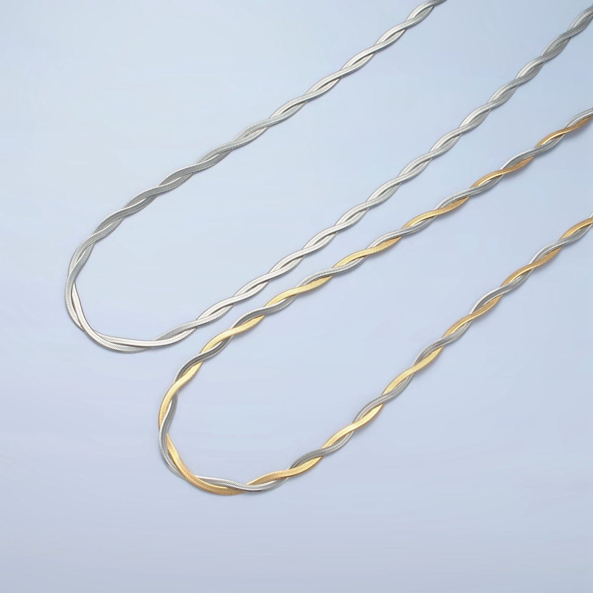 Stainless Steel 4mm Intertwining Herringbone Chains 17.9 Inch Necklace, Gold Mixed Metal or Silver Tone | WA - 2614, WA - 2615 - DLUXCA