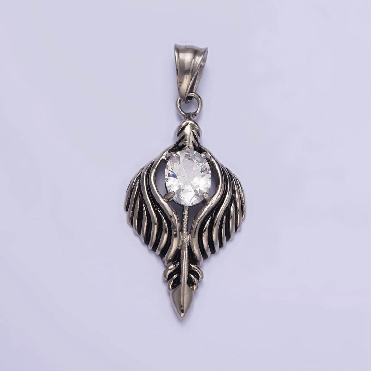 Stainless Steel 50mm Clear CZ Oval Line - Textured Wrapped Arrow Pendant in Silver & Black | P - 808 P - 813 - DLUXCA