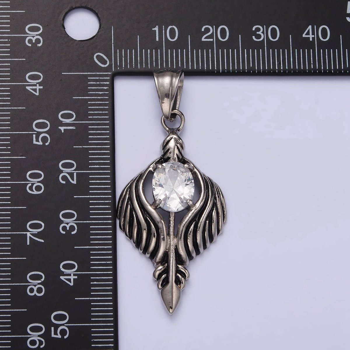 Stainless Steel 50mm Clear CZ Oval Line - Textured Wrapped Arrow Pendant in Silver & Black | P - 808 P - 813 - DLUXCA