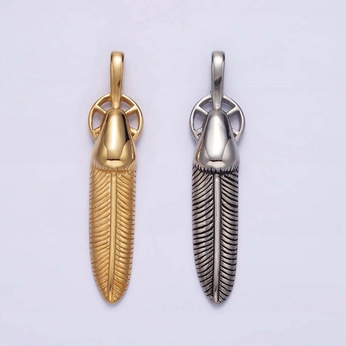 Stainless Steel 55.5mm Line - Textured Feather Open Round Pendant in Gold & Silver | P - 718 P - 719 - DLUXCA