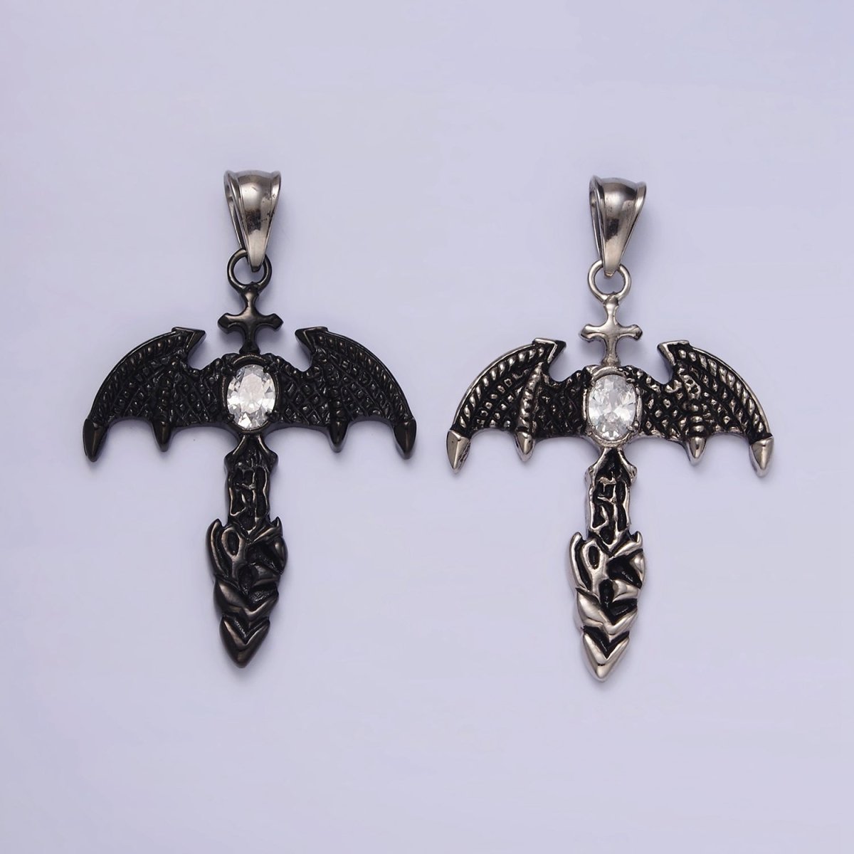 Stainless Steel 55mm Clear Oval CZ Bat Wings Passion Cross Religious Pendant in Silver & Black | P - 815 P - 816 - DLUXCA