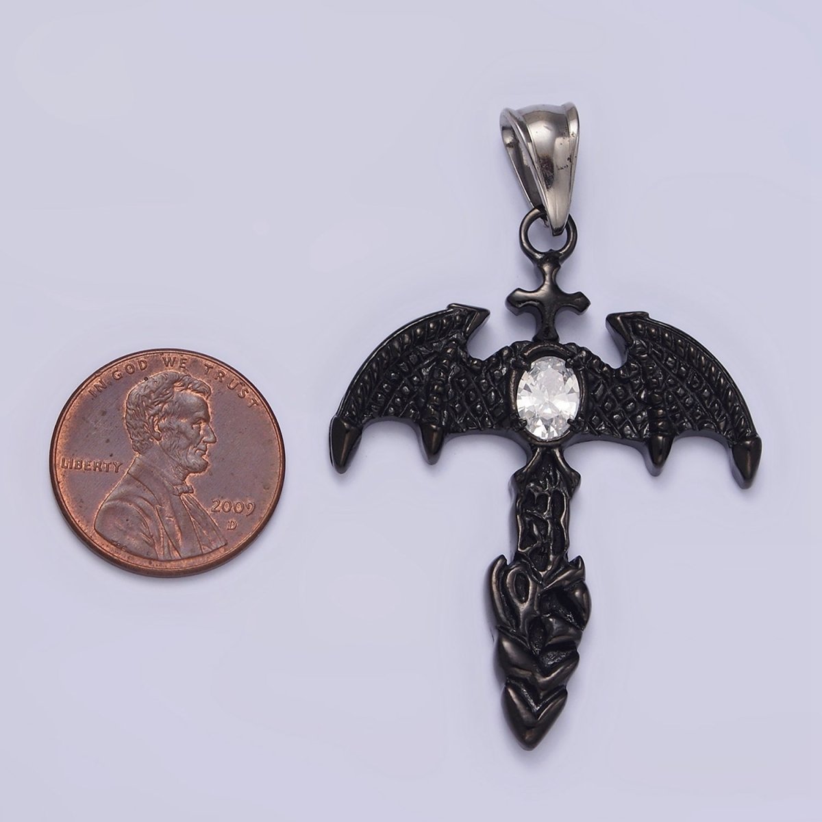 Stainless Steel 55mm Clear Oval CZ Bat Wings Passion Cross Religious Pendant in Silver & Black | P - 815 P - 816 - DLUXCA