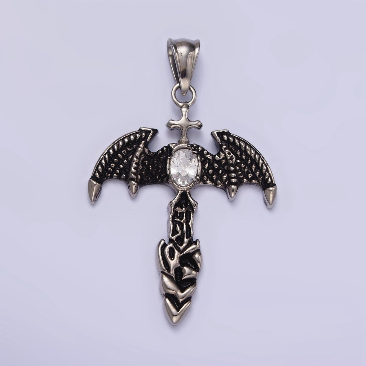 Stainless Steel 55mm Clear Oval CZ Bat Wings Passion Cross Religious Pendant in Silver & Black | P - 815 P - 816 - DLUXCA