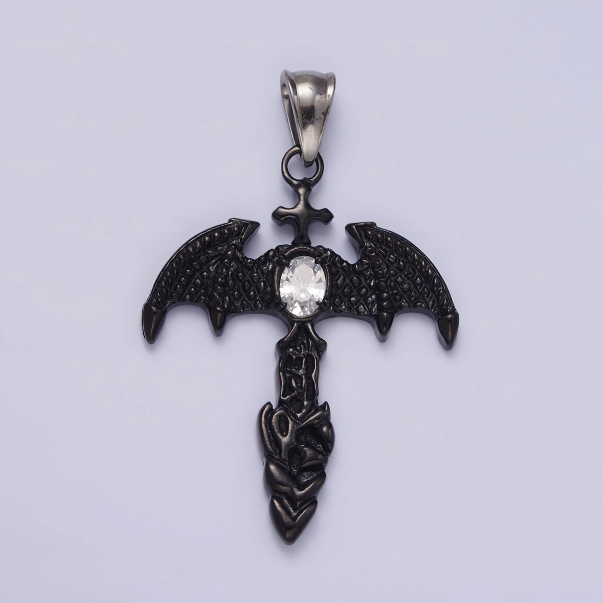 Stainless Steel 55mm Clear Oval CZ Bat Wings Passion Cross Religious Pendant in Silver & Black | P - 815 P - 816 - DLUXCA