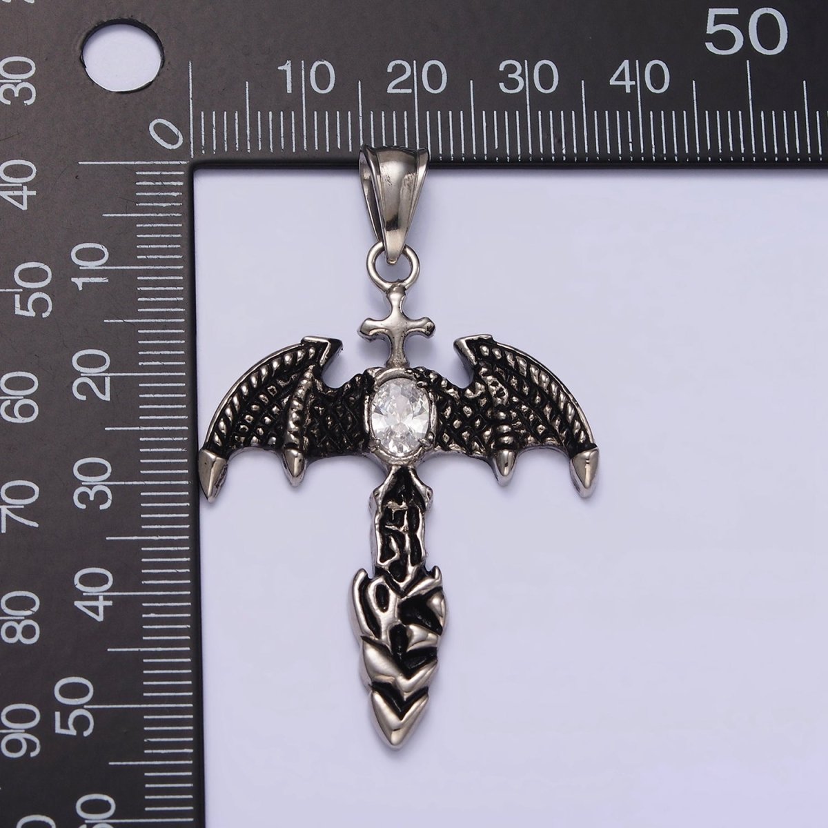 Stainless Steel 55mm Clear Oval CZ Bat Wings Passion Cross Religious Pendant in Silver & Black | P - 815 P - 816 - DLUXCA